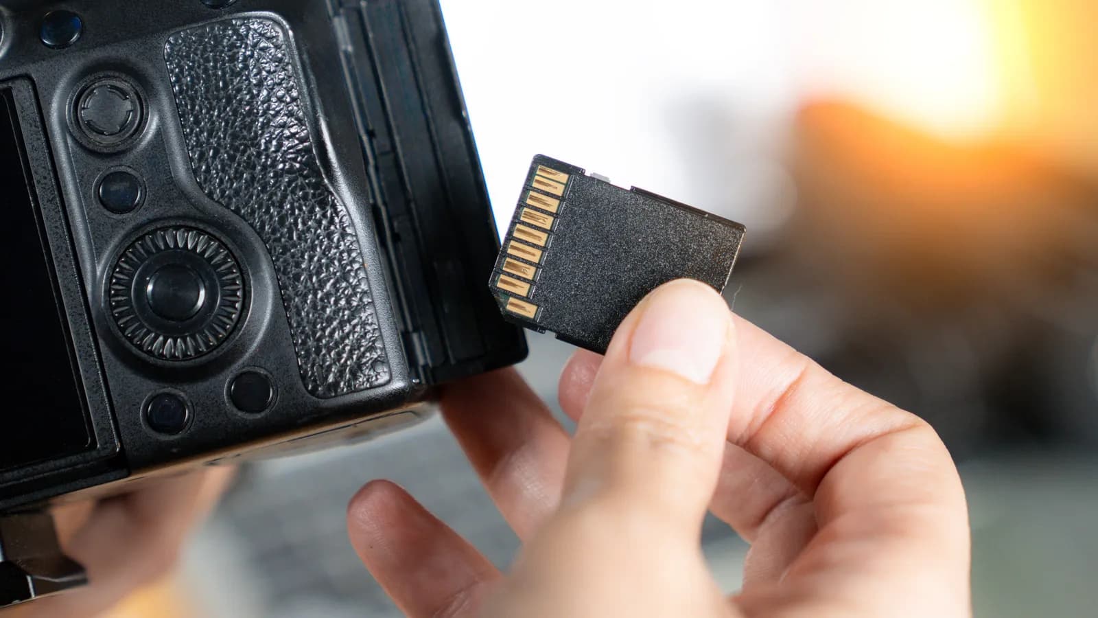 A hand taking a memory card out of a camera