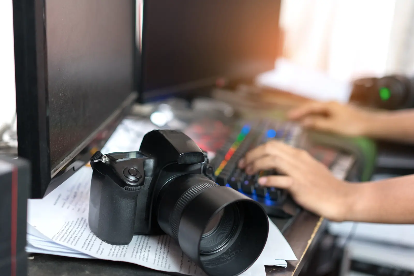 Editing photos at a desk with the camera beside the keyboard