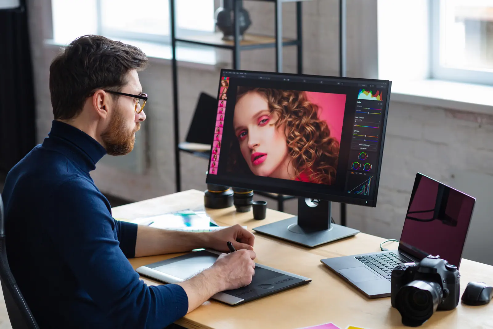 A retoucher editing a portrait at a studio desk